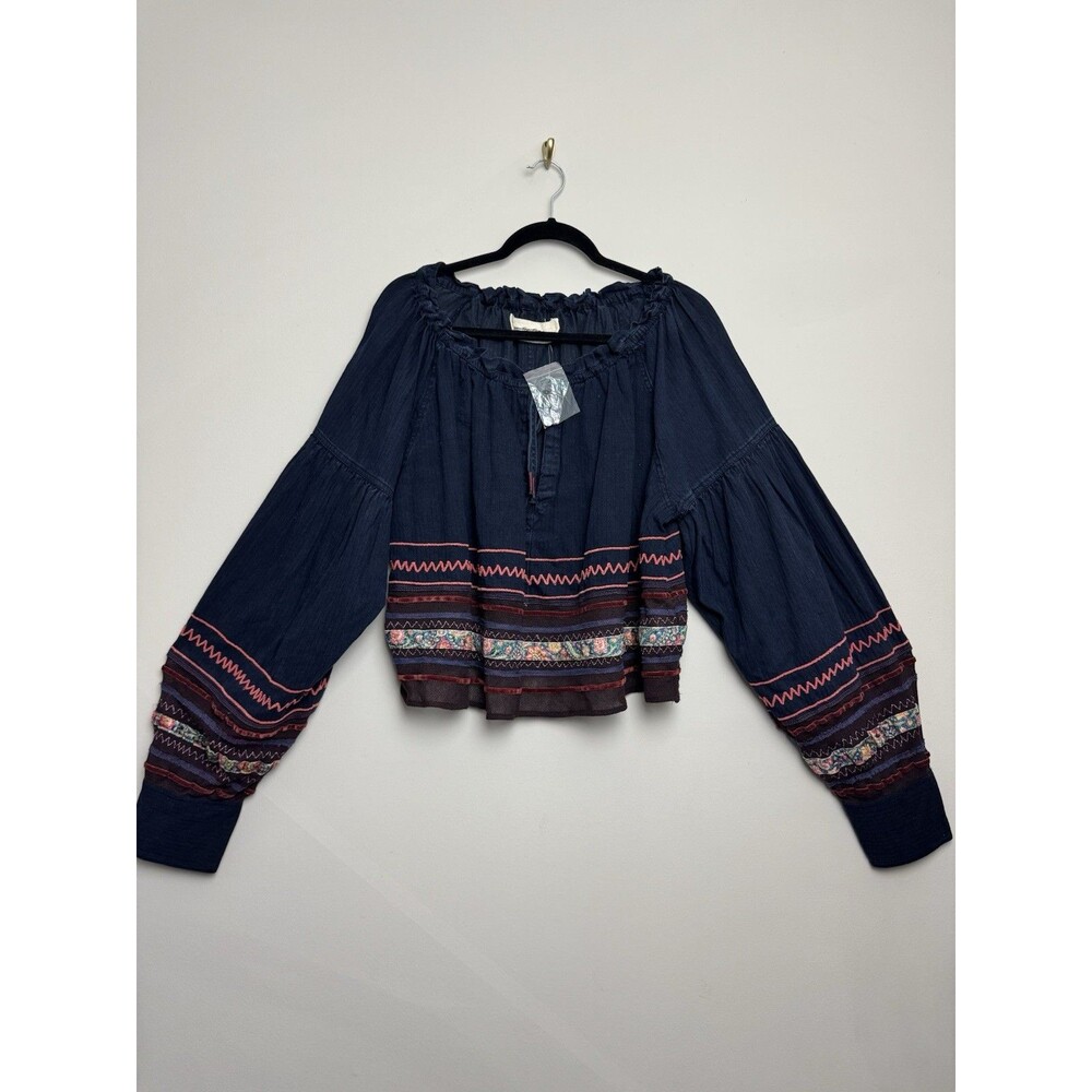 We The Free People Womens Poppy Embroidered Size Large Blue Long Sleeve Cropped
